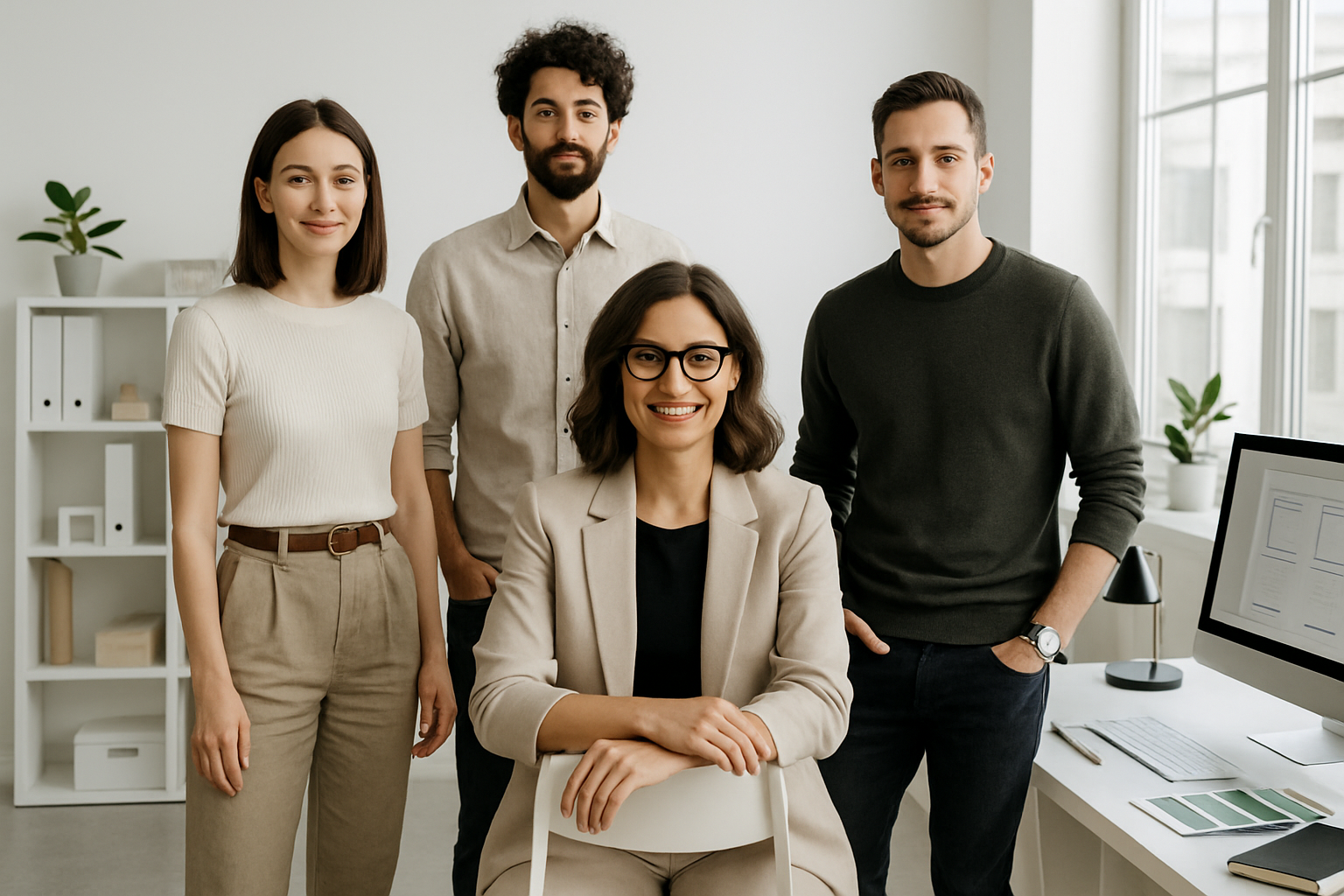 Ein Bild einer Designerin und ihrem Team aus 3 modernen jungen Menschen, die für ein Gruppenbild posieren in Ihrem Design Studio, modern un minimalistisch